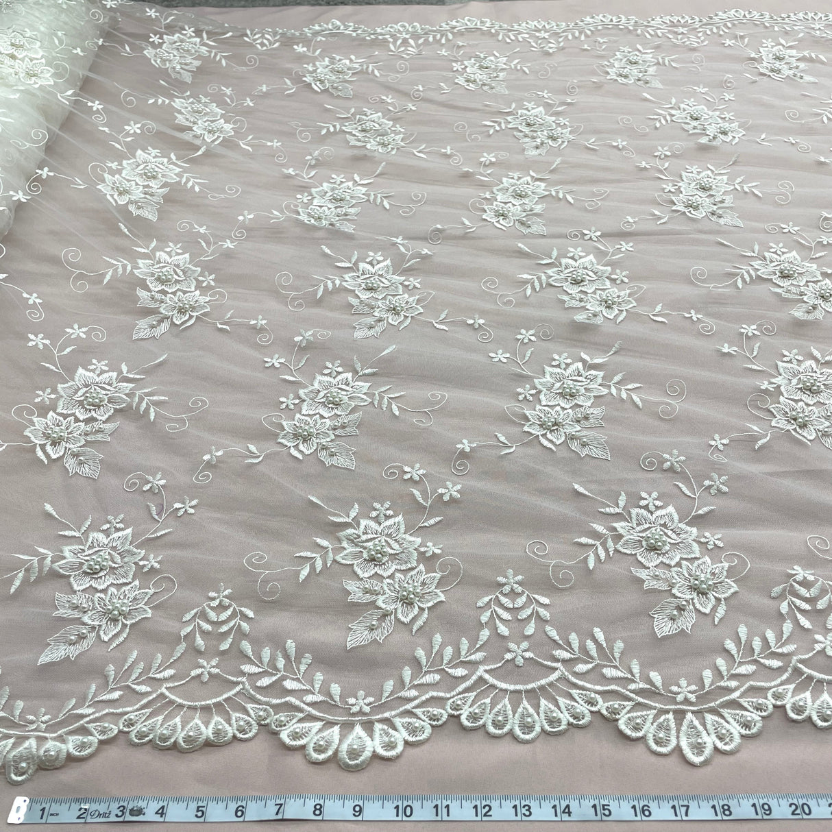 Beaded Lace Fabric Ivory Embroidered Mesh