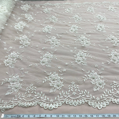 Beaded Lace Fabric Ivory Embroidered Mesh