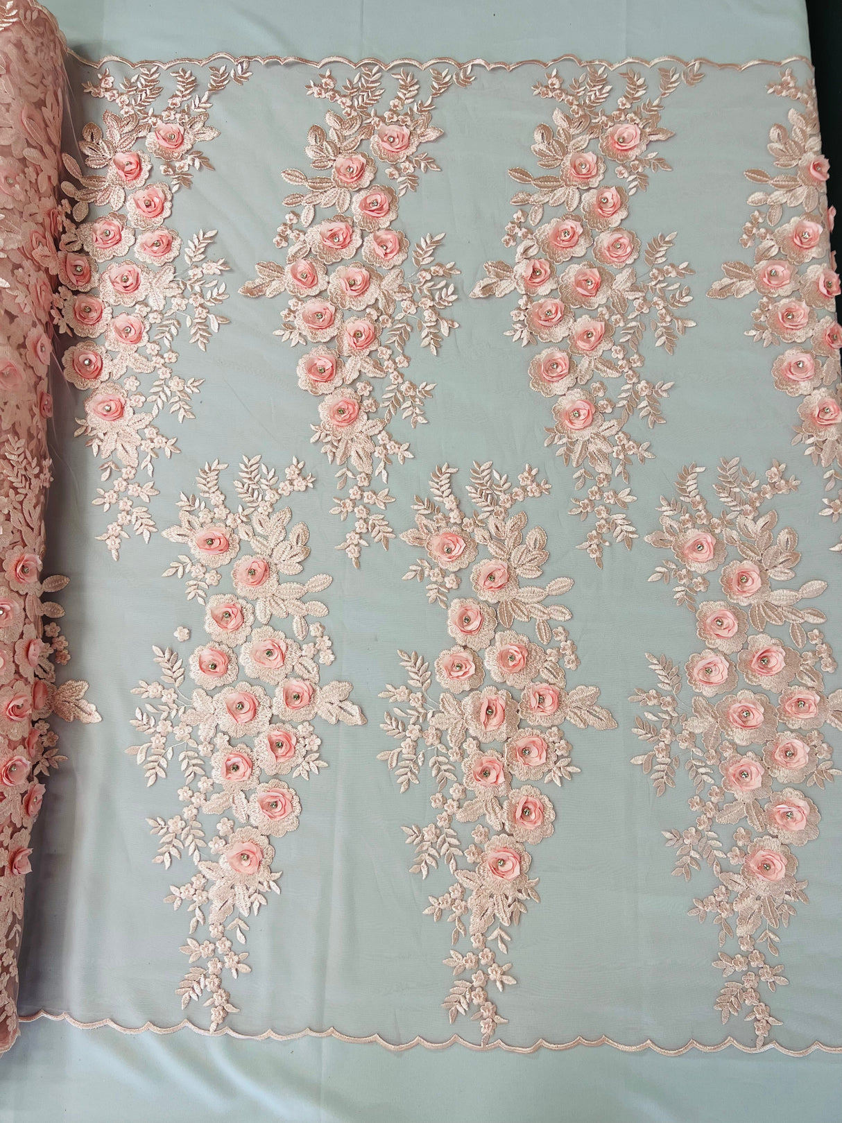Rosa 3D Floral Design With Rhinestones Polyester Fabric - 3D Floral Embroidered Mesh Lace, 54" Width (1 Yard)