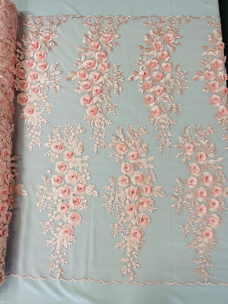 Rosa 3D Floral Design With Rhinestones Polyester Fabric - 3D Floral Embroidered Mesh Lace, 54" Width (1 Yard)