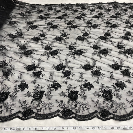 Beaded Lace Fabric on Polyester Net Mesh Black 52"