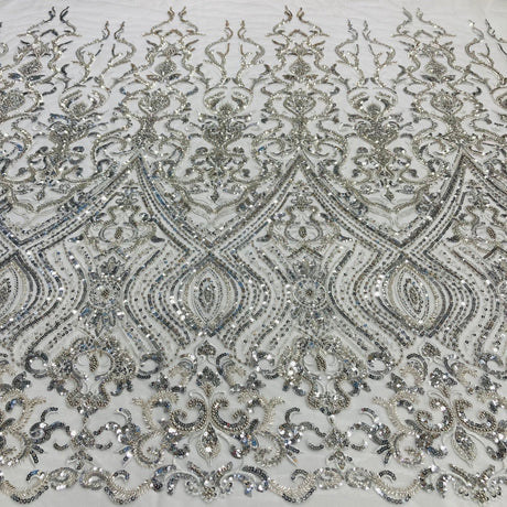 Beaded Lace Fabric Embroidered On 100 Percent Polyester Net Mesh - Gold, Silver, Ivory, White, 52" Width (1 Yard)