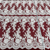 1 Yard Exquisite Corded Bridal Lace Fabric with Embroidered Floral Details White