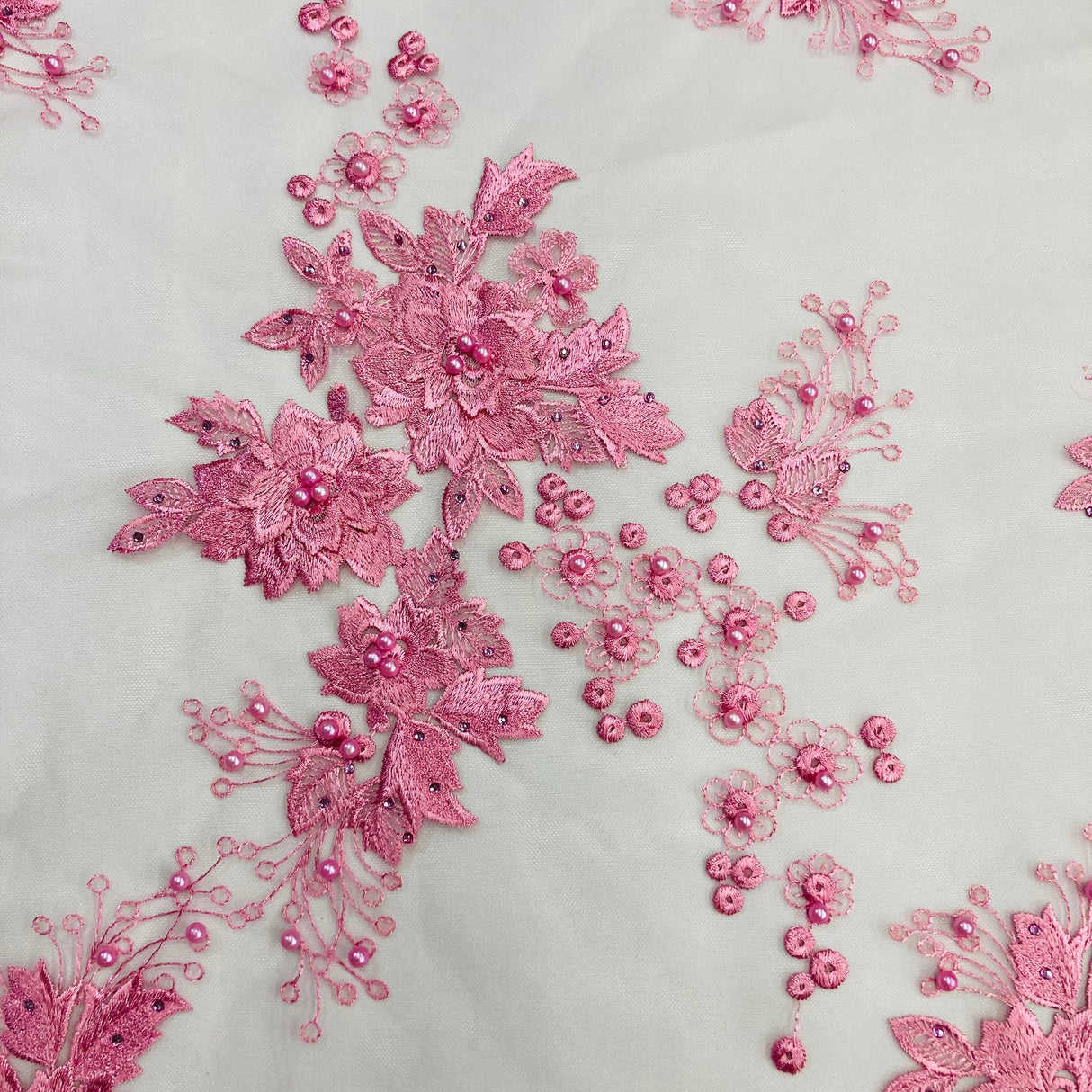 Beaded 3D Floral Lace Fabric - Embroidered On 100% Polyester Net Mesh, 52" Width, Multi Color (1 Yard)