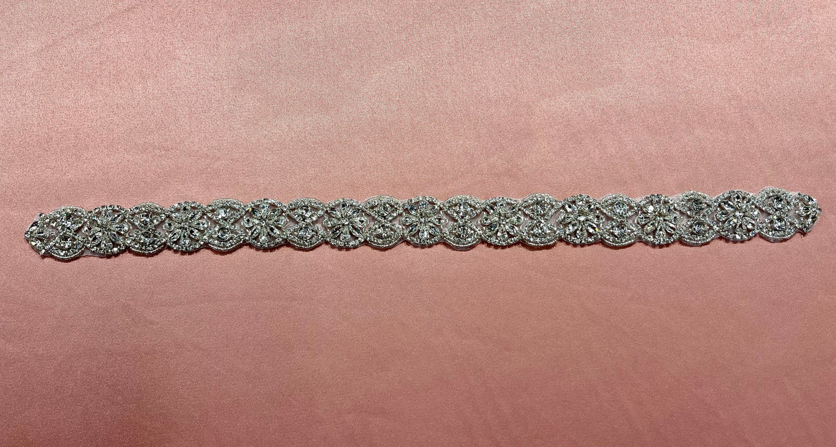 Crystal Floral Bridal Rhinestone Sash Applique 18.75" x 1.25"