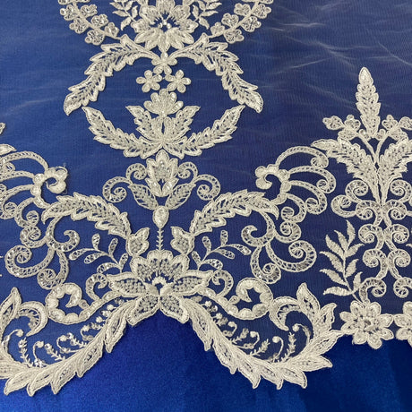Beaded Corded Bridal Lace Fabric - White, Ivory, Embroidered Net Mesh, 51" Width (1 Yard)