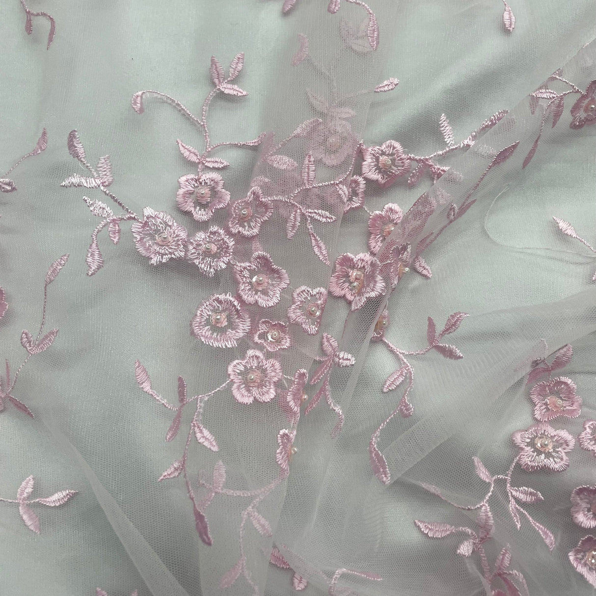 1 Yard Silver Beaded Lace Fabric Embroidered on Net Mesh for Wedding and Evening Gowns – 52"