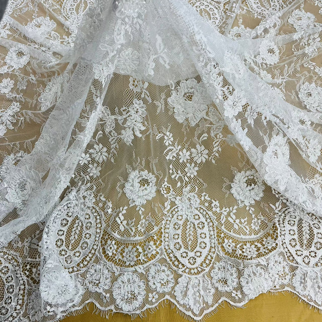 Beaded Chantilly Floral Lace White