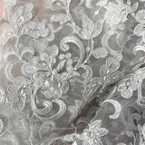 1 Yard Silver Beaded and Corded Bridal Fabric Lace Embroidered on Polyester Net Mesh for Wedding and Evening Gowns – 54"