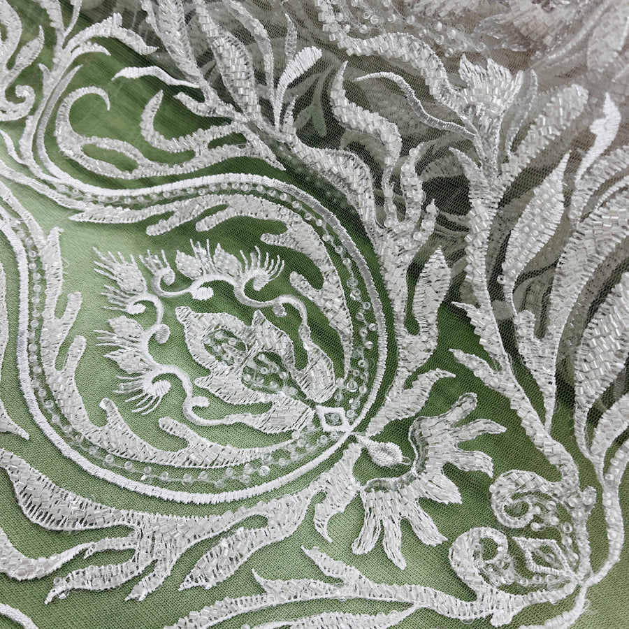 1 Yard Beaded Lace Fabric Embroidered on 100% Polyester Net Mesh | Off White
