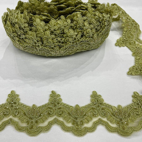 Beaded Corded Lace Trim on Polyester Net Mesh 3" Wide