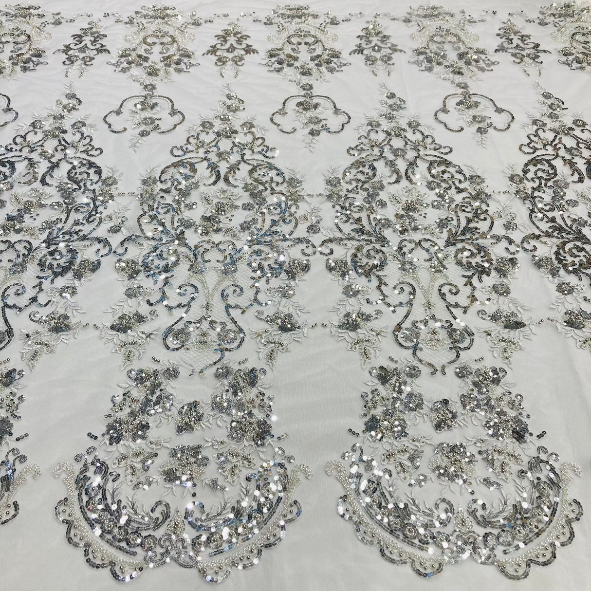 Beaded Lace Fabric Embroidered On 100 Percent Polyester Net Mesh Lace - Gold, Silver, Off White, White, 52" Width (1 Yard)