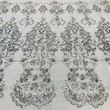 Beaded Lace Fabric Embroidered On 100 Percent Polyester Net Mesh Lace - Gold, Silver, Off White, White, 52" Width (1 Yard)