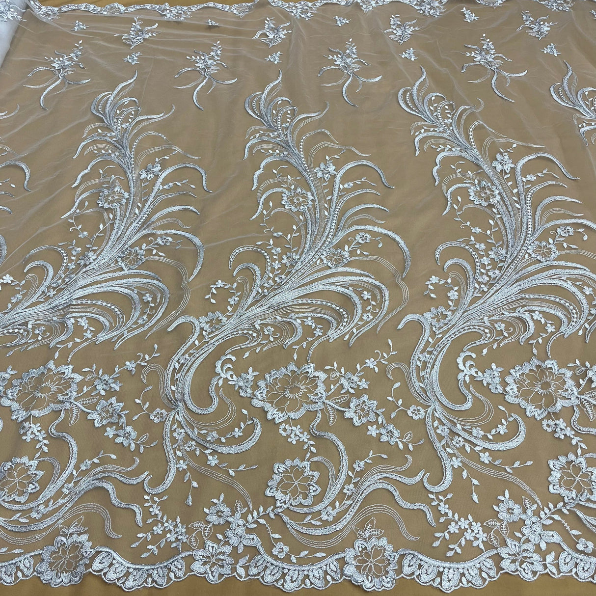 1 Yard Elegant Corded Bridal Lace Fabric Embroidered on 100% Polyester Net Mesh – Silver – 54"
