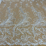 1 Yard Elegant Corded Bridal Lace Fabric Embroidered on 100% Polyester Net Mesh – Silver – 54"