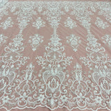 Beaded Sequined Lace Fabric Ivory White