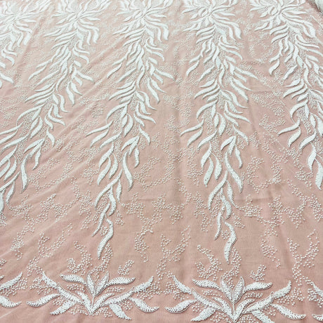 Beaded & Corded Bridal Lace Fabric - Embroidered Net Mesh, 58" Width (1 Yard)