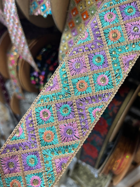 Embroidered Trim Multi-Color Beaded 2.25"