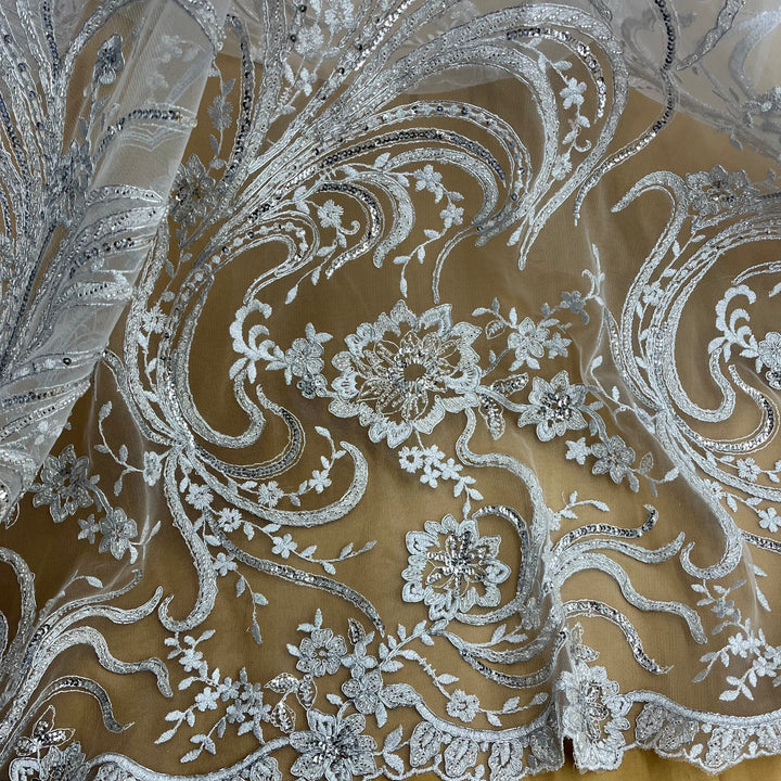 1 Yard Luxurious Beaded and Corded Bridal Lace Fabric Embroidered on 100% Polyester Net Mesh White
