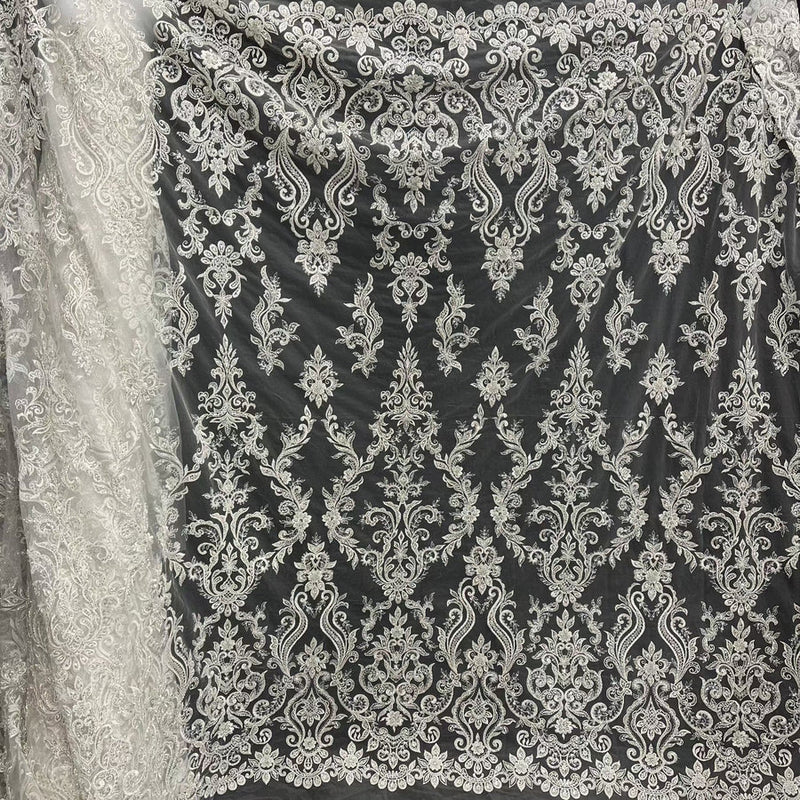 1 Yard Beaded & Sequined Lace Fabric, Ivory, Silver, and Blush 55 Inches Width