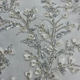 Beaded 3D Floral Lace Fabric Ivory with Silver 54"