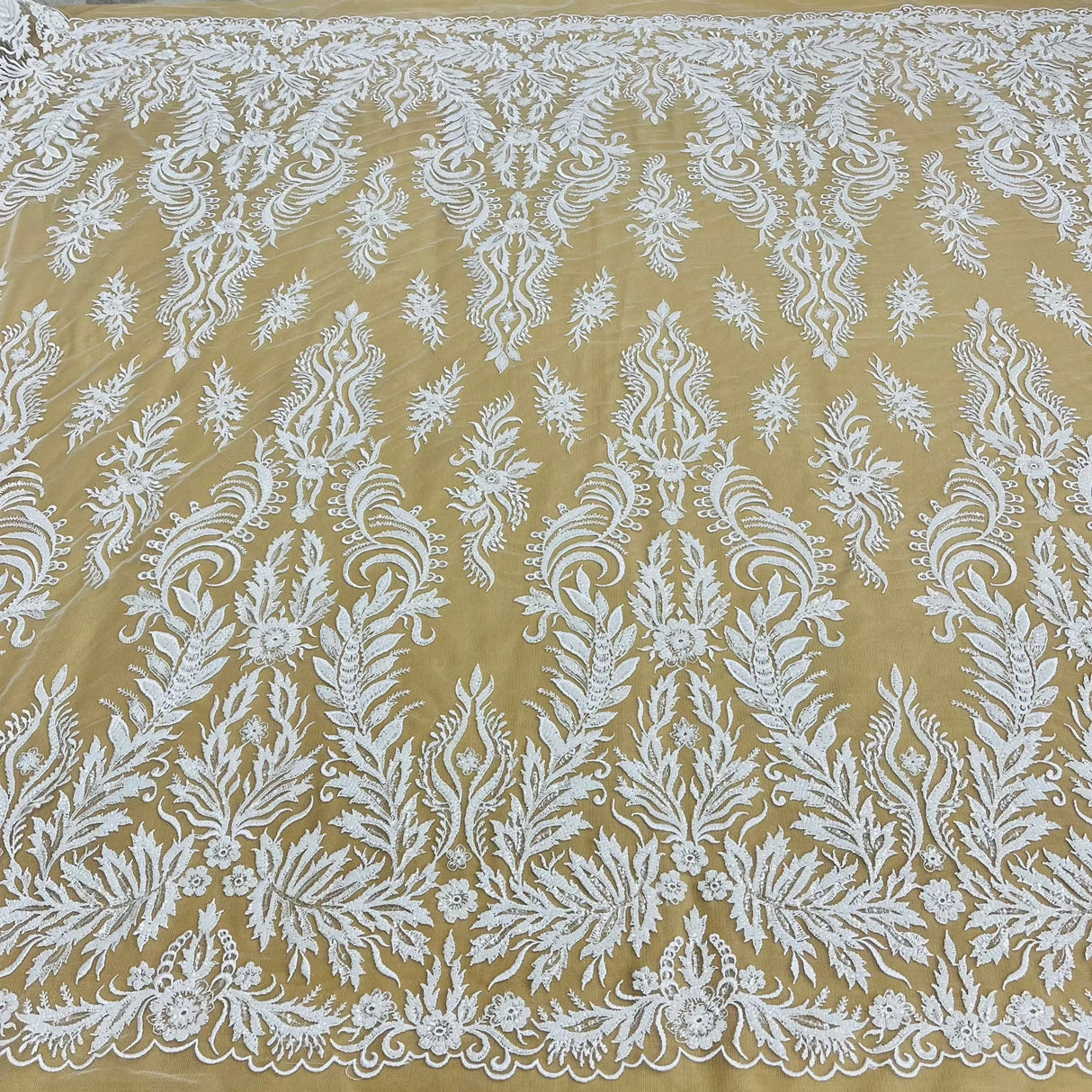 Beaded Sequined Lace Fabric Ivory