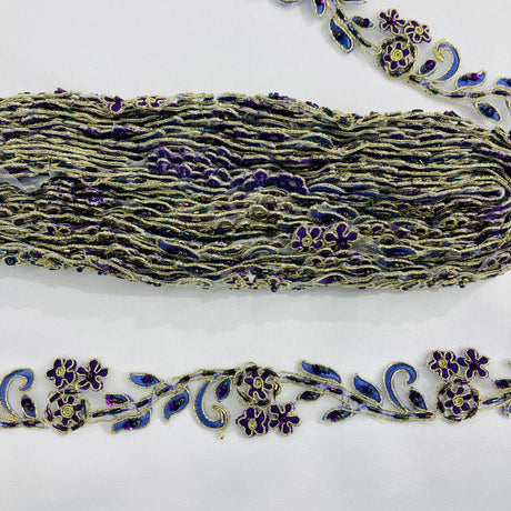 Beaded & Corded Lace Trimming Polyester Fabric - Fuchsia With Gold, Purple With Gold, Turquoise With Silver, Embroidered Net Mesh, 1" Width (1 Yard)