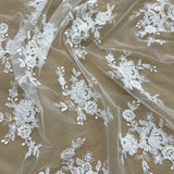 1 Yard Elegant Ivory Corded Beaded Bridal Lace Fabric on Net Mesh 54 inch Width