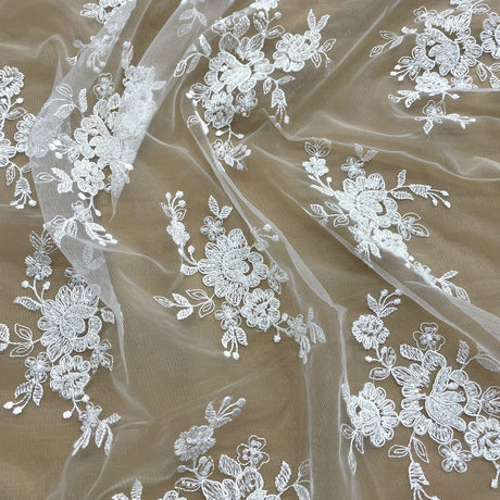 1 Yard Elegant Ivory Corded Beaded Bridal Lace Fabric on Net Mesh 54 inch Width