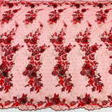 Beaded 3D Floral Lace Polyester Fabric - Embroidered Net Mesh, 50" Width, Purple, Gold, Royal, Red (1 Yard)