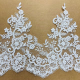 Floral Corded Embroidered Lace Trim Polyester Fabric - Scalloped Edge, 11" Width, Gold, Ivory, Silver, White (1 Yard)
