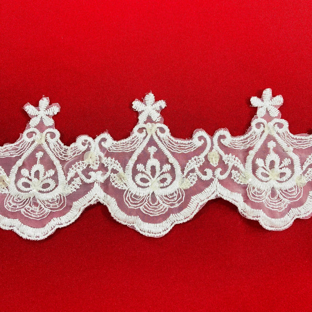 Beaded Lace Trimming on Polyester Organza Ivory 4.5"