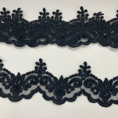 Beaded & Corded Lace Trimming Embroidered On 100% Polyester Organza Fabric - Aqua, 3" Width (1 Yard)