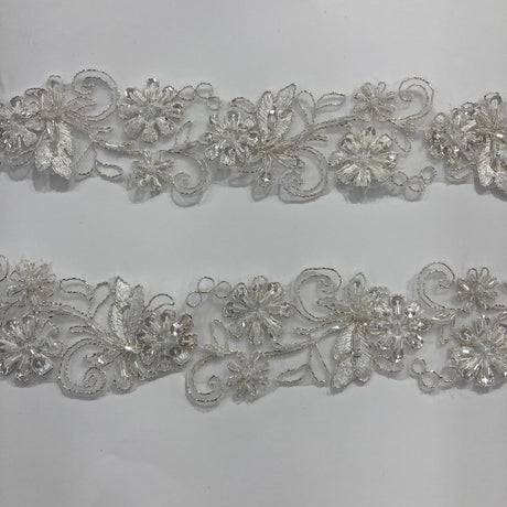 Beaded Corded Lace Trimming Embroidered On 100% Polyester Organza Fabric - 2" Width, 21 Colors (1 Yard)