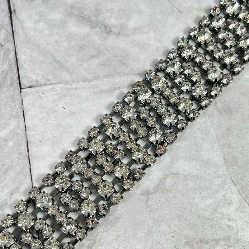 Rhinestone Trim Applique Clear Gunmetal 10.5in