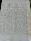 Heavy Beaded Damask Lace Polyester Fabric - Embroidered Beaded Mesh Lace, Double Scallop, 54" Width (1 Yard)