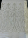 Heavy Beaded Damask Lace Polyester Fabric - Embroidered Beaded Mesh Lace, Double Scallop, 54" Width (1 Yard)