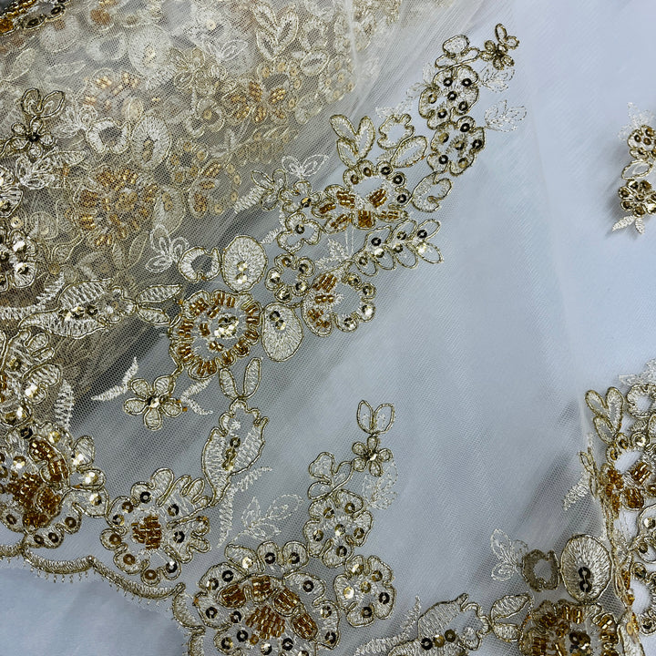 1 Yard Beaded and Corded Bridal Lace Fabric for Elegant Wedding Dresses White