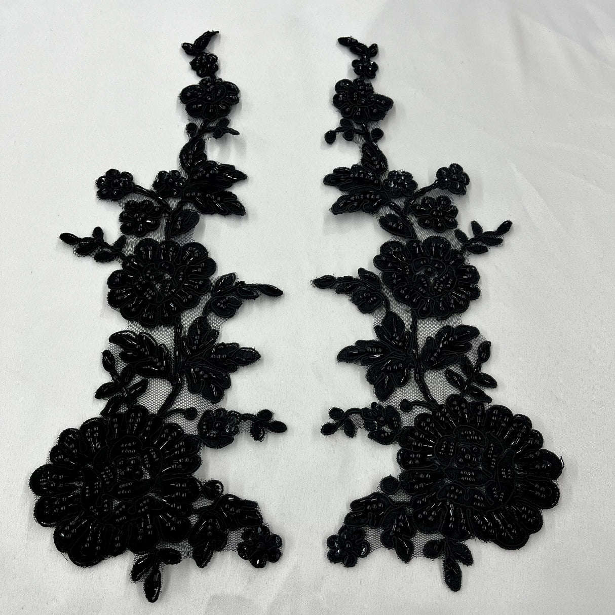 Beaded Corded Floral Lace Applique Embroidered 100 Percent Polyester Net Mesh Fabric - White, Ivory, Ivory With Silver Cording, White With Silver Cording, Black, 13" X 3.5" (1 Pair)