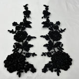 Beaded Corded Floral Lace Applique Embroidered 100 Percent Polyester Net Mesh Fabric - White, Ivory, Ivory With Silver Cording, White With Silver Cording, Black, 13" X 3.5" (1 Pair)