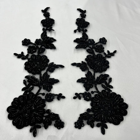 Beaded Corded Floral Lace Applique Embroidered 100 Percent Polyester Net Mesh Fabric - White, Ivory, Ivory With Silver Cording, White With Silver Cording, Black, 13" X 3.5" (1 Pair)