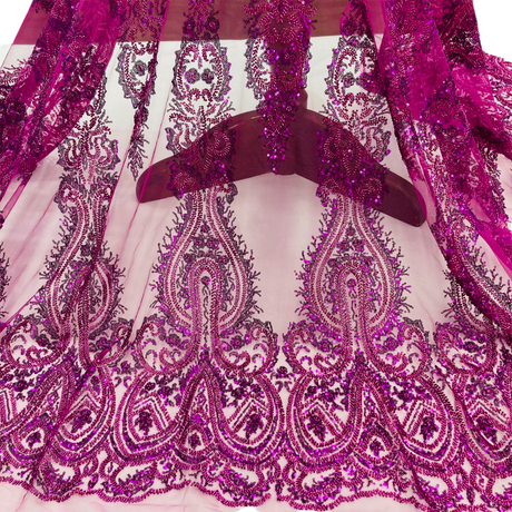 Beaded Lace Fabric Embroidered On 100 Percent Polyester Net Mesh Fabric - Rose Gold, Red, Blush, 51" Wide (1 Yard)
