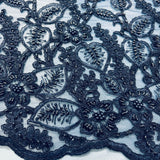 Beaded Corded Lace Navy Mesh