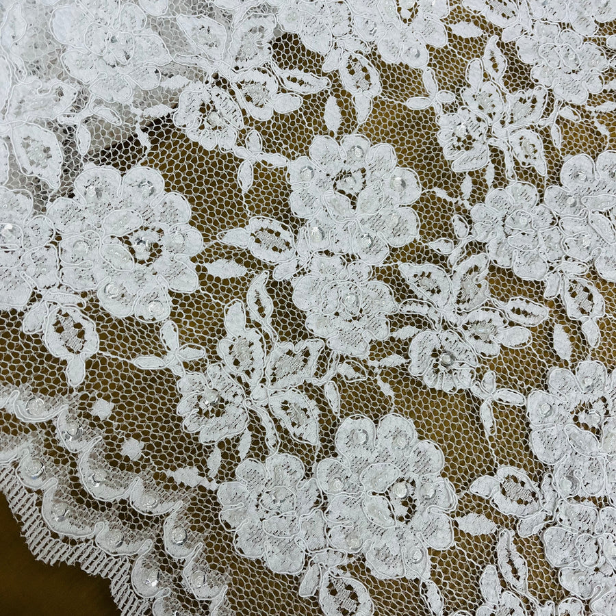 1 Yard Elegant Beaded and Corded Lace Fabric Embroidered on 100% Polyester Net Mesh White