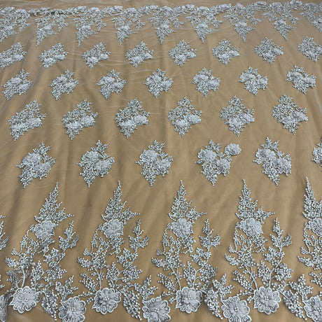 Beaded 3D Floral Lace Polyester Fabric - Black, Skin, Silver, 52" Width (1 Yard)