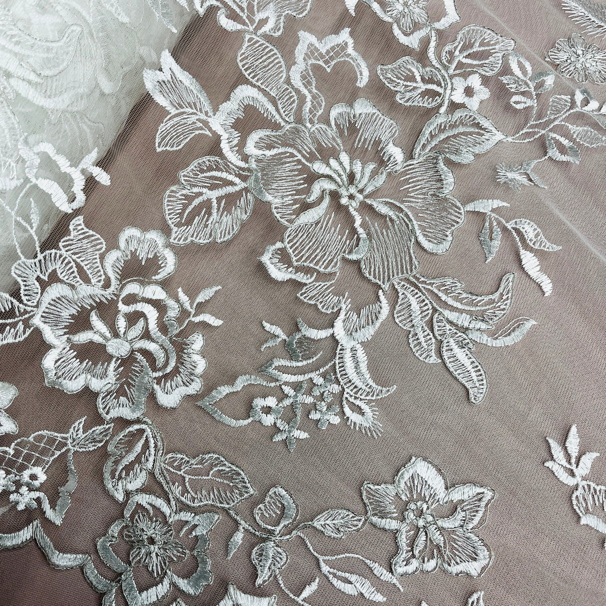 Corded Bridal Lace Fabric - Embroidered Floral Design, 53" Width (1 Yard)