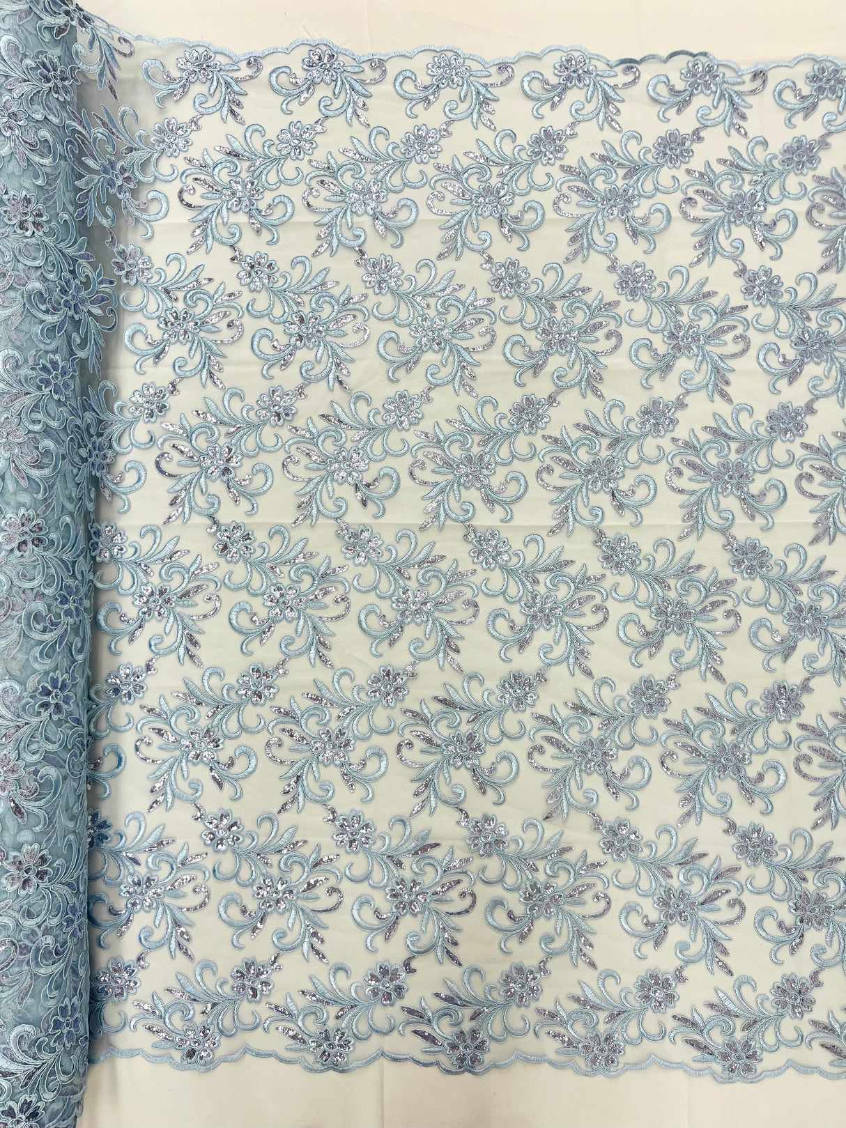 Estrella Corded Flowers Embroider With Sequins Mesh Lace Fabric - Floral Embroidered, Double Scallop, 50-54" Width, 36" Length (1 Yard)