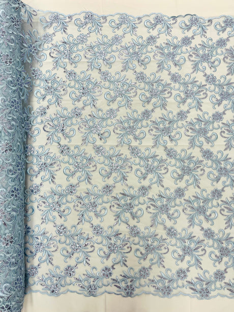 Estrella Corded Flowers Embroider With Sequins Mesh Lace Fabric - Floral Embroidered, Double Scallop, 50-54" Width, 36" Length (1 Yard)
