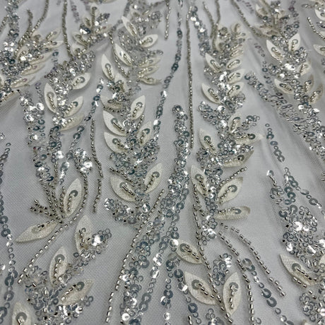 Beaded 3D Floral Lace Fabric Ivory Silver