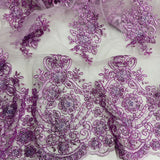 1 Yard Regal Beaded and Corded Lace Fabric with Scallops Embroidered on Polyester Net Mesh